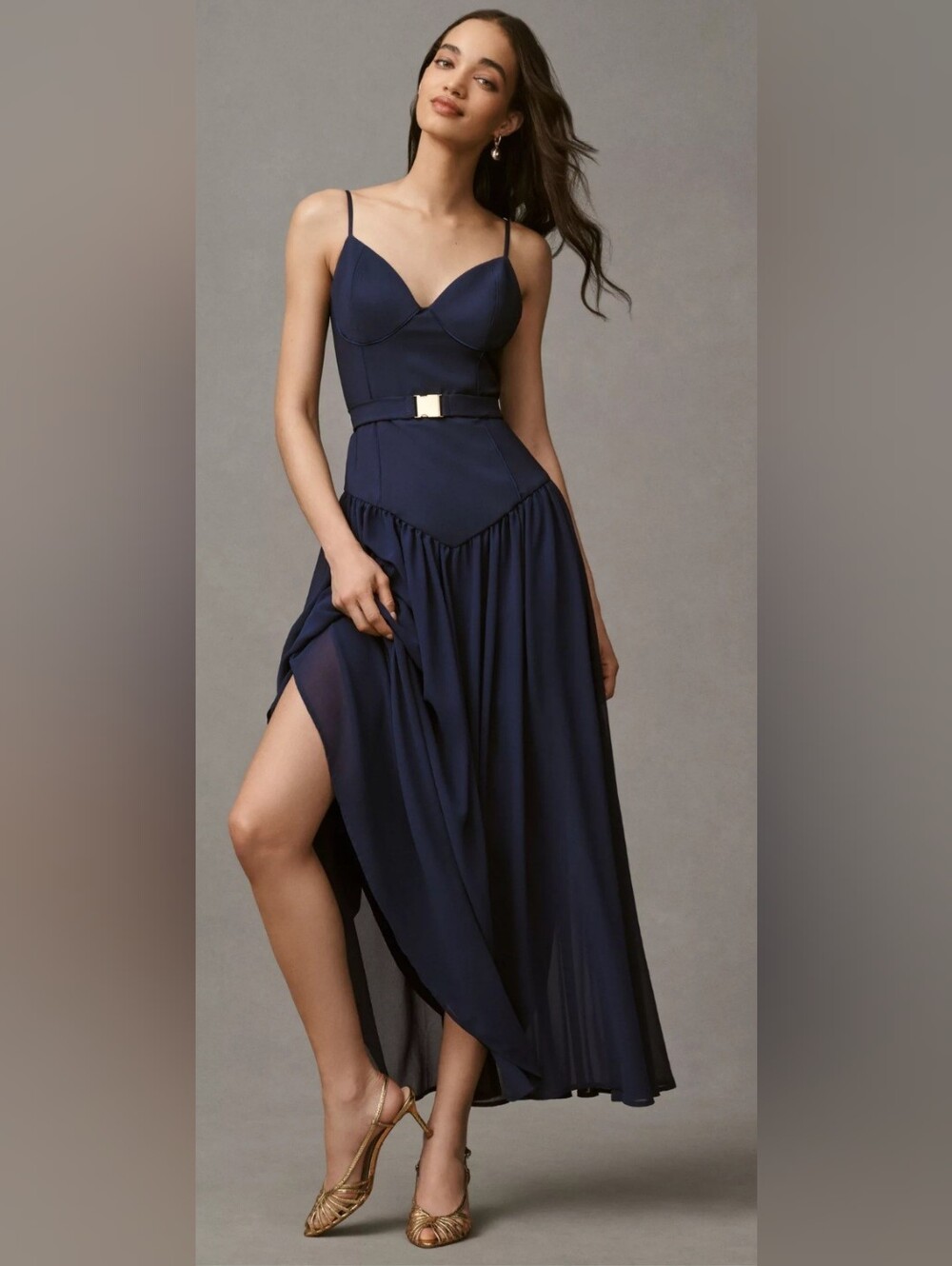 Hutch Navy High-Low Maxi Skirt with Gold Buckle Detail Size 10. NWT